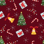 Christmas seamless background with pine trees, gift boxes, snow flakes, bells and candy canes with red background.