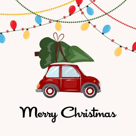 Illustration for Christmas illustration with a red car and the pine tree on top of it. For cards, invitation, advertisements, posters, prints and any Christmas winter designs. - Royalty Free Image