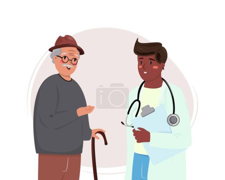 Téléchargez les illustrations : Illustration d'un vieil homme blanc parlant de ses problèmes et symptômes au jeune médecin noir. Médical, médecine, soins de santé, soins aux personnes âgées illustration de concept. - en licence libre de droit