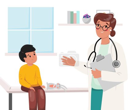 Illustration for Illustration of female doctor and a boy talking about his problems. Paediatric, health care, body care, medicine concept illustration. - Royalty Free Image