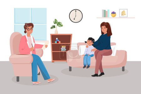 Illustration of mother and daughter having a session by the psychologist. Girl talking about her problems to the mother and psychologist. Children psychology concept illustration.