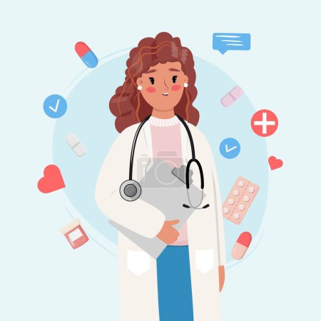 Illustration of a beautiful female doctor with stethoscope and folder. Cute cartoon flat illustration with a doctor. Medical, health care, life style concept illustration with a female doctor.