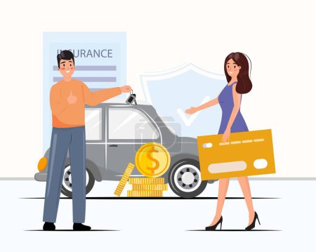 Illustration for Cartoon vector illustration with young people. Man giving the car key to the pretty young woman. Car insurance, credit, transport, purchase concept illustration with people. - Royalty Free Image
