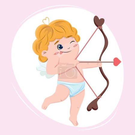 Foto de Cartoon illustration of a cute cupid shooting arrows with hearts from a bow. Happy Valentines Day. For banners, cards. design element, advertisements, backgrounds. Vector drawing. - Imagen libre de derechos