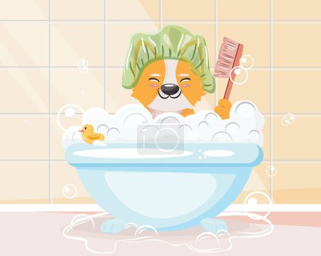 Bathing dog with a shower cap in the bathroom. Cute corgi bathing with a brush in a lot of foam. Pet care, bathing, groom concept illustration.