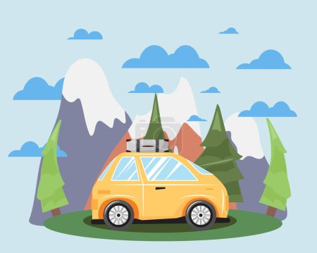 Foto de Ilustración de un coche al lado de colinas, árboles y nubes en el fondo. Viaje de montaña aventura. - Imagen libre de derechos