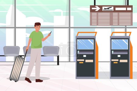 Illustration for Vector flat illustration of a man doing check in himself with a phone and automatic machine at the airport. Transportation, travel, transport concept. - Royalty Free Image