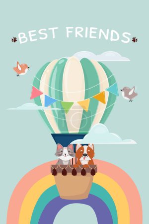 Foto de Linda ilustración de dibujos animados de un corgi y un gato volando en el globo aerostático. Ilustración de mejores amigos con un perro y un gato en el globo. - Imagen libre de derechos