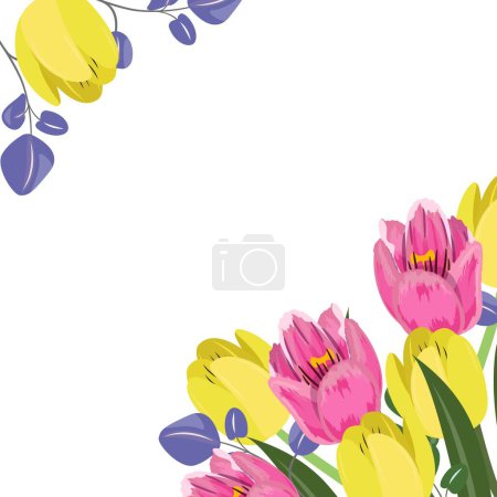 Foto de Tulipanes en las esquinas. Plantilla floral con tulipanes rosados, morados y amarillos en las esquinas.Para tarjetas, carteles, anuncios, pancartas. - Imagen libre de derechos