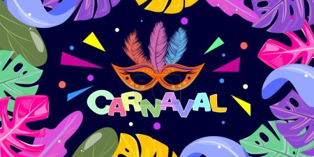 Téléchargez les illustrations : Party flyer for Brazilian carnival. Festive background with tropical leaves. - en licence libre de droit