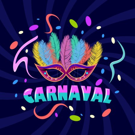 Illustration for Template design for Brazilian carnival with masquerade mask and confetti . Happy festive background. - Royalty Free Image