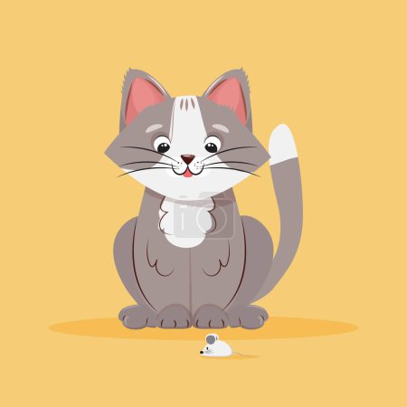 Illustration for Cute cartoon illustration of a cat looking down at the mouse walking by. Vector illustration. - Royalty Free Image