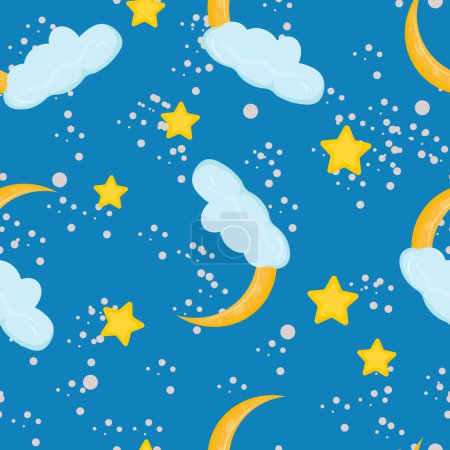 Foto de Patrón azul sin costuras con luna, nubes y estrellas. Para textiles, papel, papel pintado, embalaje - Imagen libre de derechos