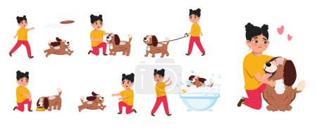 Foto de Dibujos animados ilustración colección de una linda chica que tiene una actividad de ocio con un perro. Familia, amigos, tener una mascota, concepto de cuidado de animales - Imagen libre de derechos