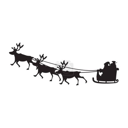 Illustration for Santa in sled with reindeers. Black silhouette - Royalty Free Image