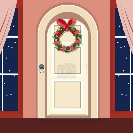 Foto de Ilustración de Navidad con una puerta de entrada decorada con una puerta de corona de Navidad y ventana - Imagen libre de derechos