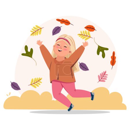 Foto de Linda chica saltando con hojas y disfrutando del otoño. Actividades al aire libre, actividades de ocio de otoño. - Imagen libre de derechos