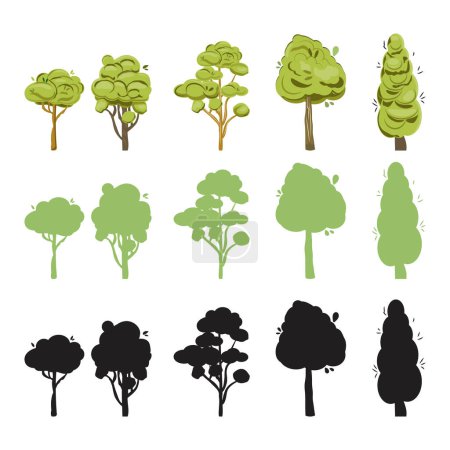 Foto de Colección de árboles verdes y sus siluetas. Ilustración vectorial aislada. Fondo abstracto. Concepto de diseño ecológico - Imagen libre de derechos
