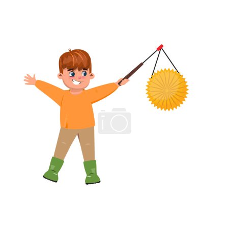 Ilustración de Ilustración vectorial plana de un lindo niño feliz sosteniendo una linterna y celebrando el día de San Martín. Tour de Saint Martin - Imagen libre de derechos
