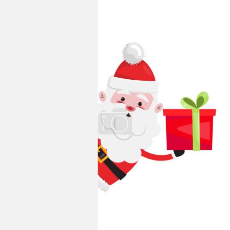 Foto de Lindo Papá Noel sosteniendo una caja de regalo roja y de pie detrás de una pancarta blanca en blanco. Para anuncios, tarjetas, volantes. - Imagen libre de derechos