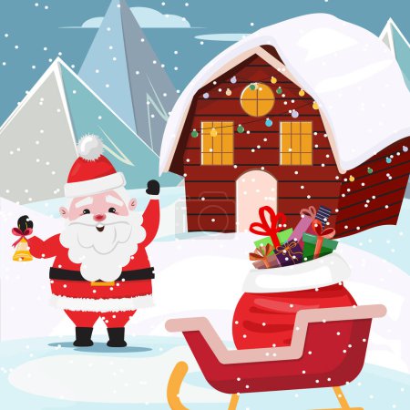 Foto de Santa Claus de pie al aire libre con una campana. Cabina, trineo con un saco lleno de regalos, nevando. Ilustración de Navidad. - Imagen libre de derechos