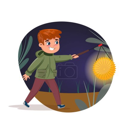 Foto de Ilustración con niño caminando por la noche y llevando una linterna para el festival de San Martín. Linterna a pie. - Imagen libre de derechos