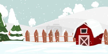 Foto de Ilustración rústica de invierno con un granero rojo en la nieve y cerca de madera en el fondo. Paisaje invernal con un granero y pinos. - Imagen libre de derechos