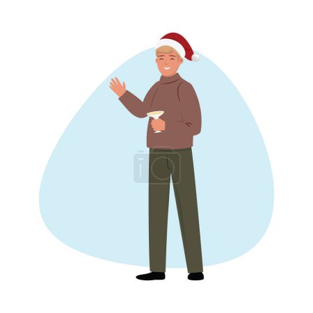 Foto de Feliz hombre usando una gorra de Papá Noel y bebiendo alcohol. Ilustración de Navidad - Imagen libre de derechos