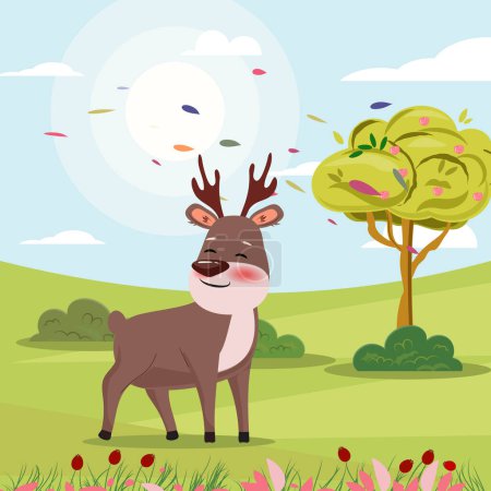 Téléchargez les illustrations : Belle illustration d'un mignon renne sur le fond du paysage printanier - en licence libre de droit