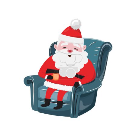 Foto de Feliz ilustración festiva de Santa Claus con una bebida caliente sentada en el sillón y tomando un descanso - Imagen libre de derechos