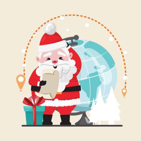 Foto de Lindo Santa Claus en traje rojo comprobar la lista de entrega de regalos. Entrega mundial de Navidad - Imagen libre de derechos