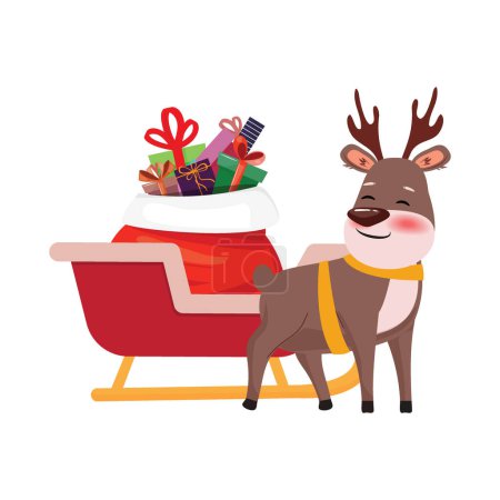 Foto de Ciervo de pie junto al trineo de Santa Claus cargado de cajas de regalo. Ilustración de Navidad para tarjeta, banner, cartel - Imagen libre de derechos