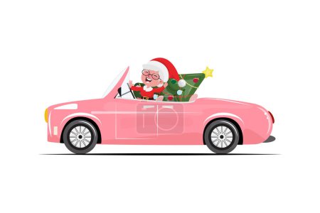 Foto de Feliz señora Claus saludando y transportando árbol de Navidad decorado en el coche rosa - Imagen libre de derechos