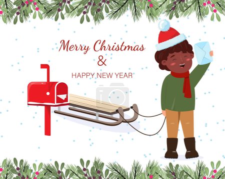 Foto de Banner de Navidad con un chico negro tirando de un trineo y enviando una carta a Santa Claus - Imagen libre de derechos