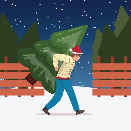 Foto de El hombre compró un árbol de Navidad y llevaba una gorra de Santa Claus al aire libre - Imagen libre de derechos