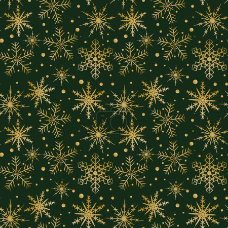 Foto de Patrón sin costuras con copos de nieve de lujo dorado sobre fondo verde oscuro. Gran diseño para textiles, envoltura de peper, papel pintado - Imagen libre de derechos