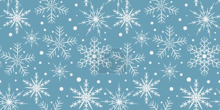 Winternahtloses Muster mit weißen Schneeflocken auf blauem Hintergrund. Klassisches Muster für Geschenkpapier, Karte, Hintergrund.