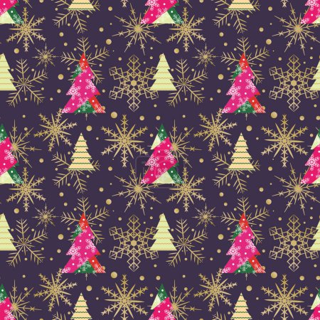 Foto de Patrón sin costura abstracto con árboles geométricos decorados con copos de nieve. Patrón de Navidad púrpura. - Imagen libre de derechos