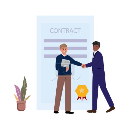 Illustration for Business agreement with a handshake next to a large contract. Two professionals stand next to a document adorned with a golden seal. Vector business concept illustration of future partnership. - Royalty Free Image