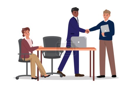 Illustration for Illustration of agreement in a professional setting, two men have a handshake, signalling a successful negotiation or partnership. Female colleague sitting at the desk. - Royalty Free Image