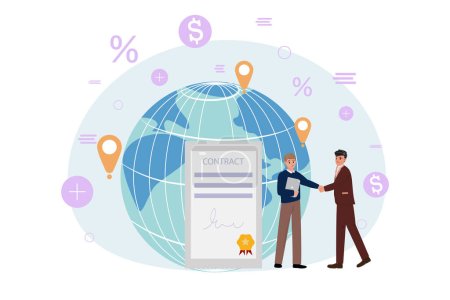 Illustration for Two businessmen shaking hands, sign of deal and cooperation. Globe, contact on the background - Royalty Free Image