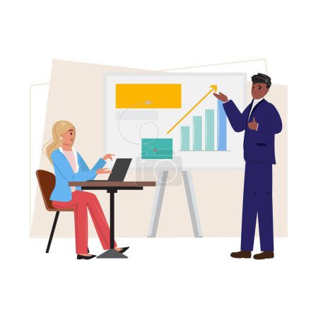 Illustration for Collaborative business meeting where a Black man shares charts, analysis, and dates with a focused female colleague, embodying innovation, teamwork, and project excellence - Royalty Free Image