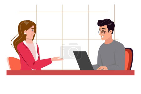 Illustration for Woman expressing herself through hand gestures, man with his laptop, both sitting at the desk and talking.  Collaborative communication, teamwork, business concept illustration - Royalty Free Image