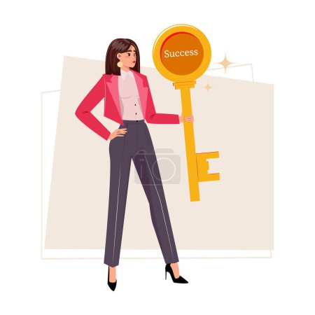 Die junge, hübsche Geschäftsfrau im Anzug hält selbstbewusst einen goldenen Schlüssel mit dem Wort Erfolg in der Hand. Vertrauen, Empowerment, Erfolg, Feminismus, Geschäft, Lösung 