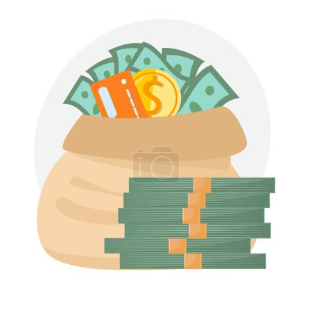 Illustration for Money  bag generously filled with profit, sits beside a substantial stack of money notes. Financial growth and the allure of wealth accumulation - Royalty Free Image