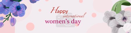 Foto de Banner floral horizontal largo para el Día Internacional de la Mujer. Día Internacional de la Mujer con elegantes orquídeas en tonos púrpura y blanco - Imagen libre de derechos