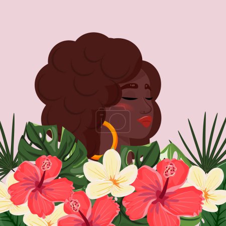 Foto de Mujer negra rodeada de vibrantes flores tropicales y hojas. La vida de los negros importa. Representación empoderadora de la gracia y la resiliencia - Imagen libre de derechos