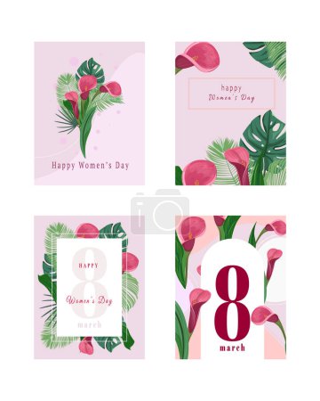 Womens Day celebrations with this stunning card collection. Floral templates for international womens day. Calla flowers and tropical leaves
