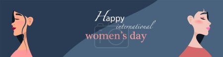 Foto de Banner Azul Celebrando el Día Internacional de la Mujer con dos hermosas mujeres con el pelo largo - Imagen libre de derechos