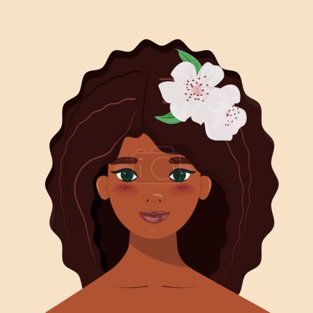 Téléchargez les illustrations : Portrait d'une femme noire ornée de cheveux bouclés luxuriants entrelacés de fleurs vibrantes. Une célébration de la grâce naturelle. La vie noire compte - en licence libre de droit